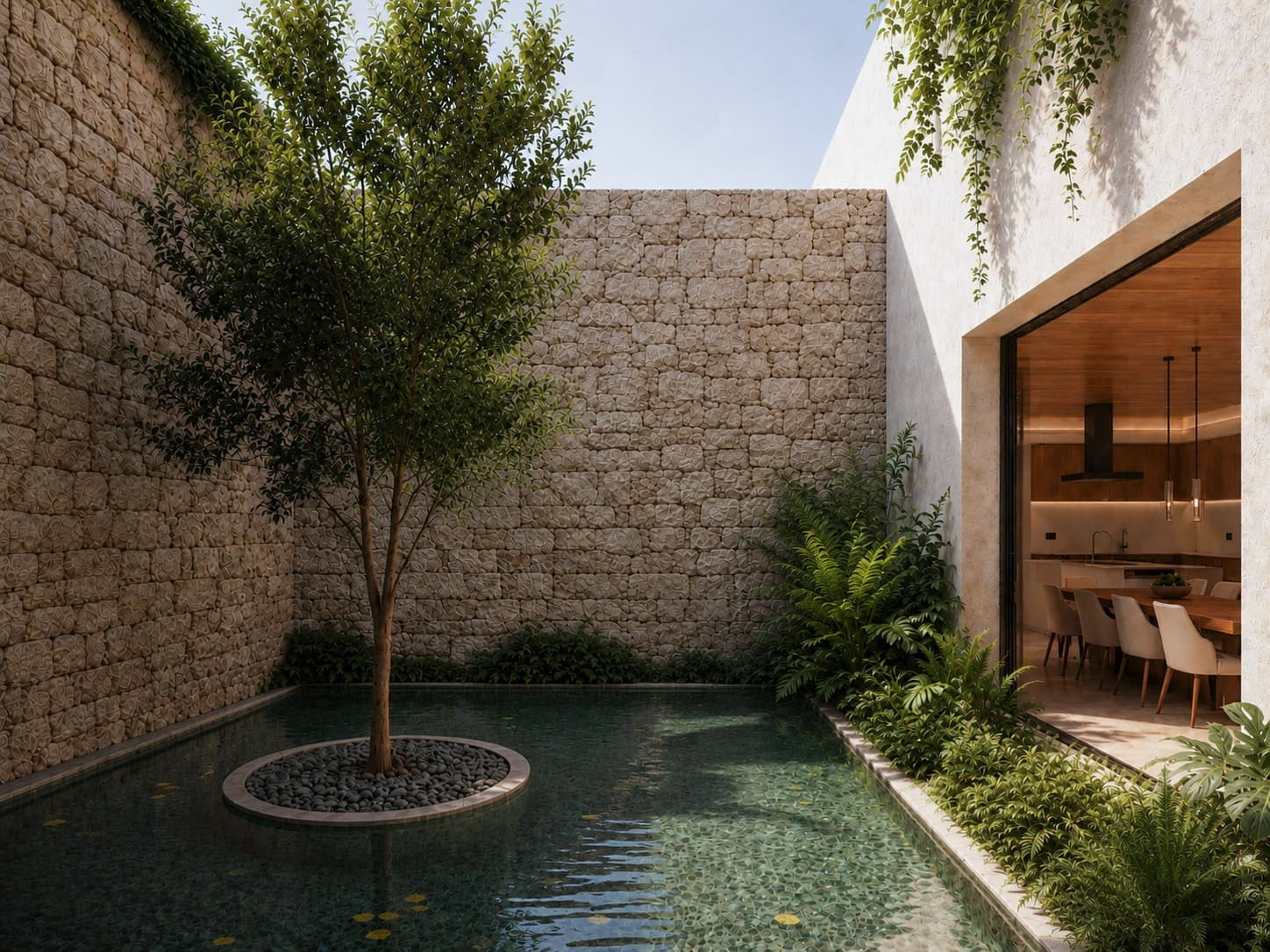 Patio interior con espejo de agua, piedra y vegetación